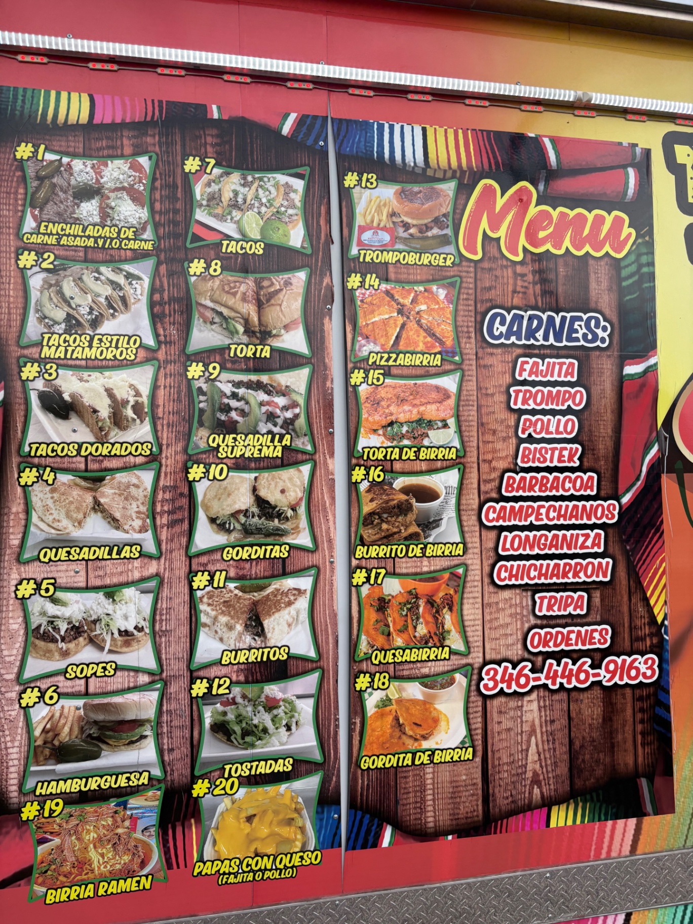 Tacos de Trompo Don Tin full menu board